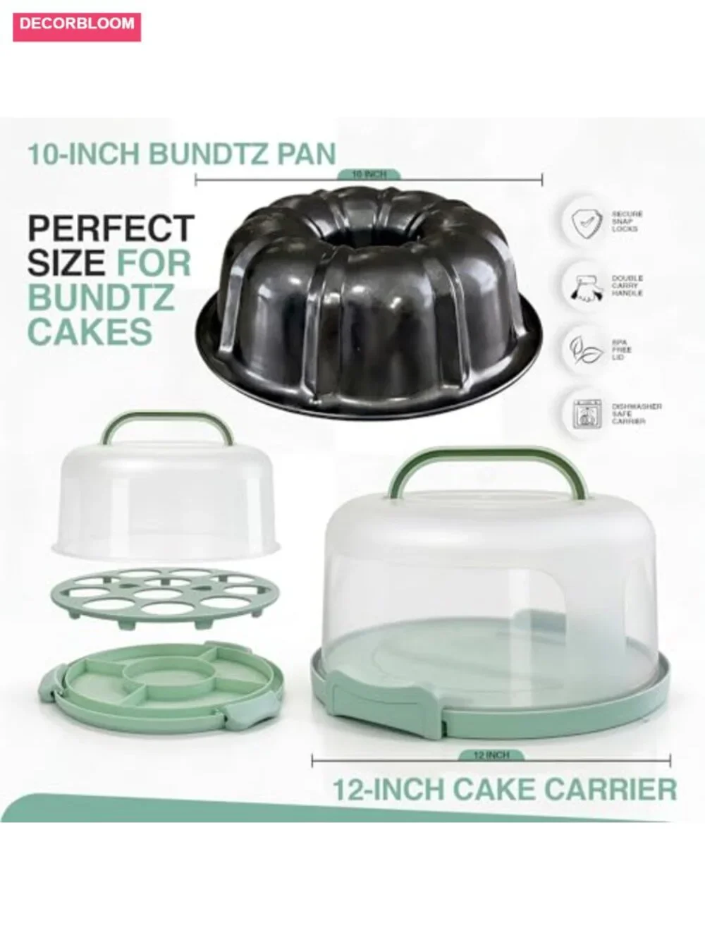 Nonstick Bundt Cake Pan Set with Carrier Lid Mint Green